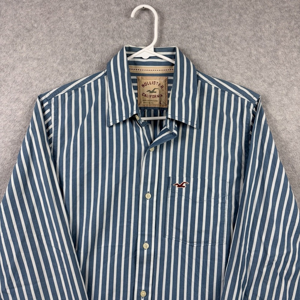 Hollister Shirt Mens Large Blue Striped Button Up Coastal Preppy Ivy Cotton Y2K